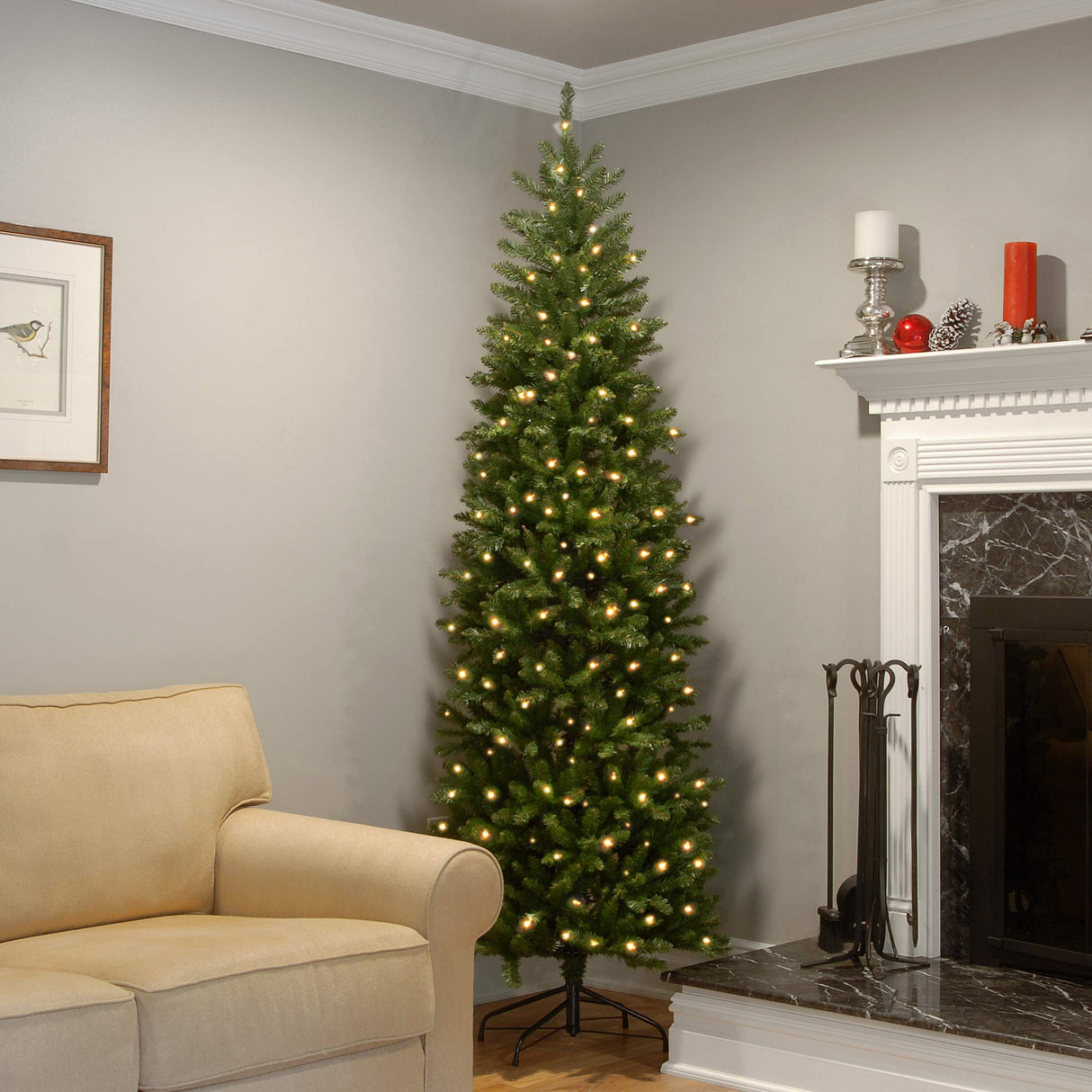 Artificial Pre-Lit Slim Christmas Tree, Green, Kingswood Fir, White Lights, Includes Stand