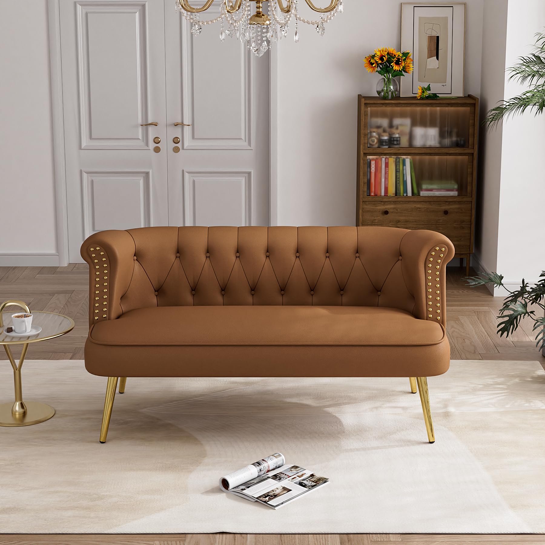 Loveseat Chesterfield Sofa with Gold Legs, Upholstered Tufted Vintage Victorian