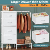 HIGDBFE Dresser with Hanging Rack, 4 Drawers Small Dresser for Bedroom, Reversable Fabric Kids Dresser for Closet with Clothes Rack, Tall Chest of Drawers, Sturdy Frame, White, 44''H