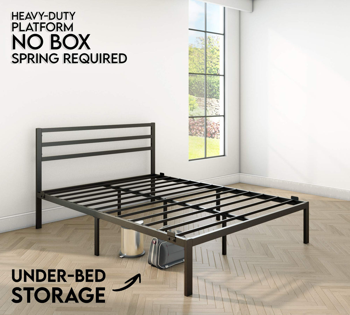 CastleBeds Modern Queen Size Black Iron Bed Frame with Headboard Footboard Wrought