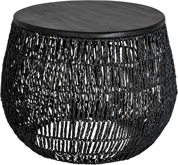 Hand-Woven Seagrass and Pine Wood Round Side Table, Natural