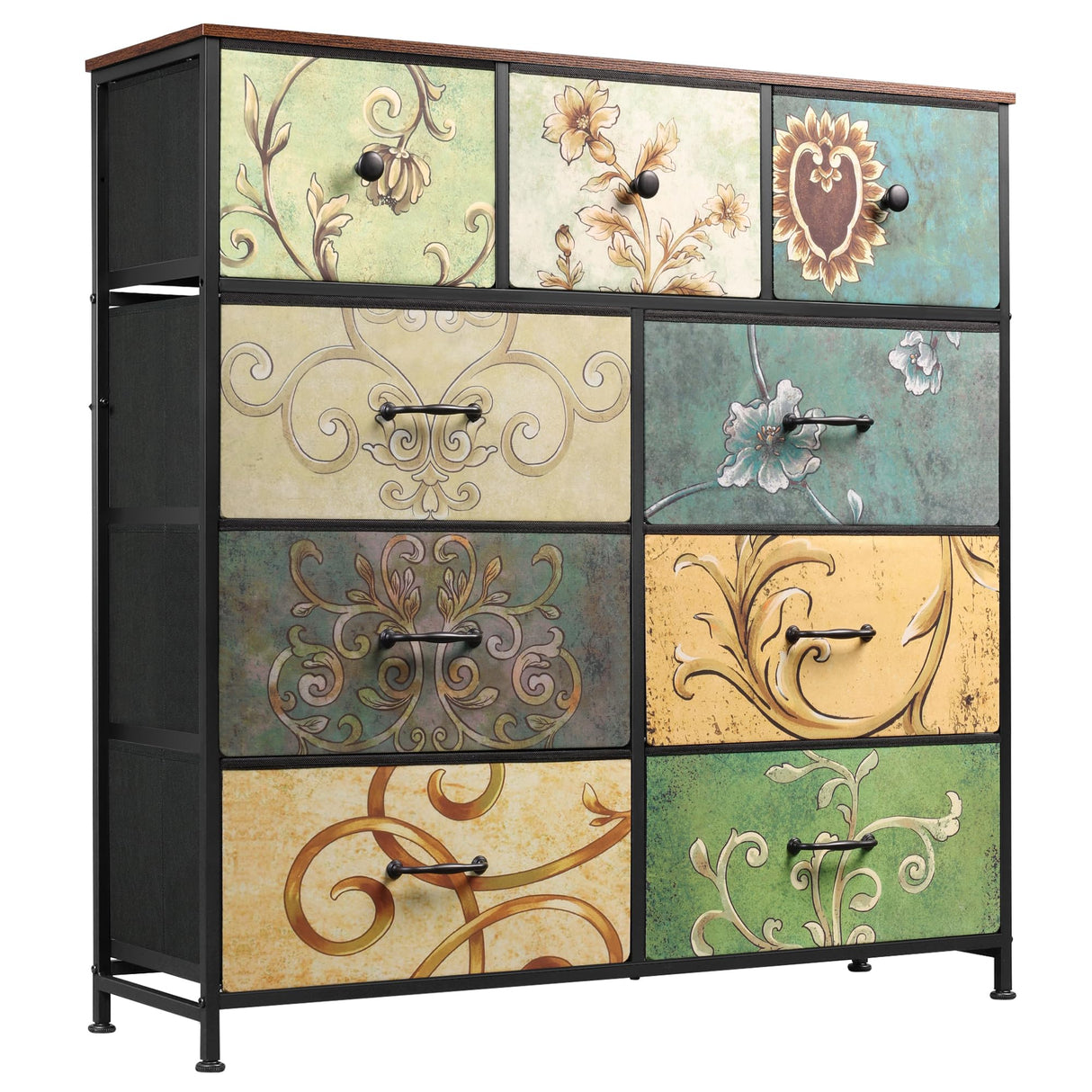 9-Drawer Dresser, Fabric Storage Tower for Bedroom, Hallway, Entryway, Closet, Tall Chest Organizer Unit with Fabric Bins, Steel Frame, Wood Top, Easy Pull Handle, Floral Painted