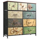 9-Drawer Dresser, Fabric Storage Tower for Bedroom, Hallway, Entryway, Closet, Tall Chest Organizer Unit with Fabric Bins, Steel Frame, Wood Top, Easy Pull Handle, Floral Painted