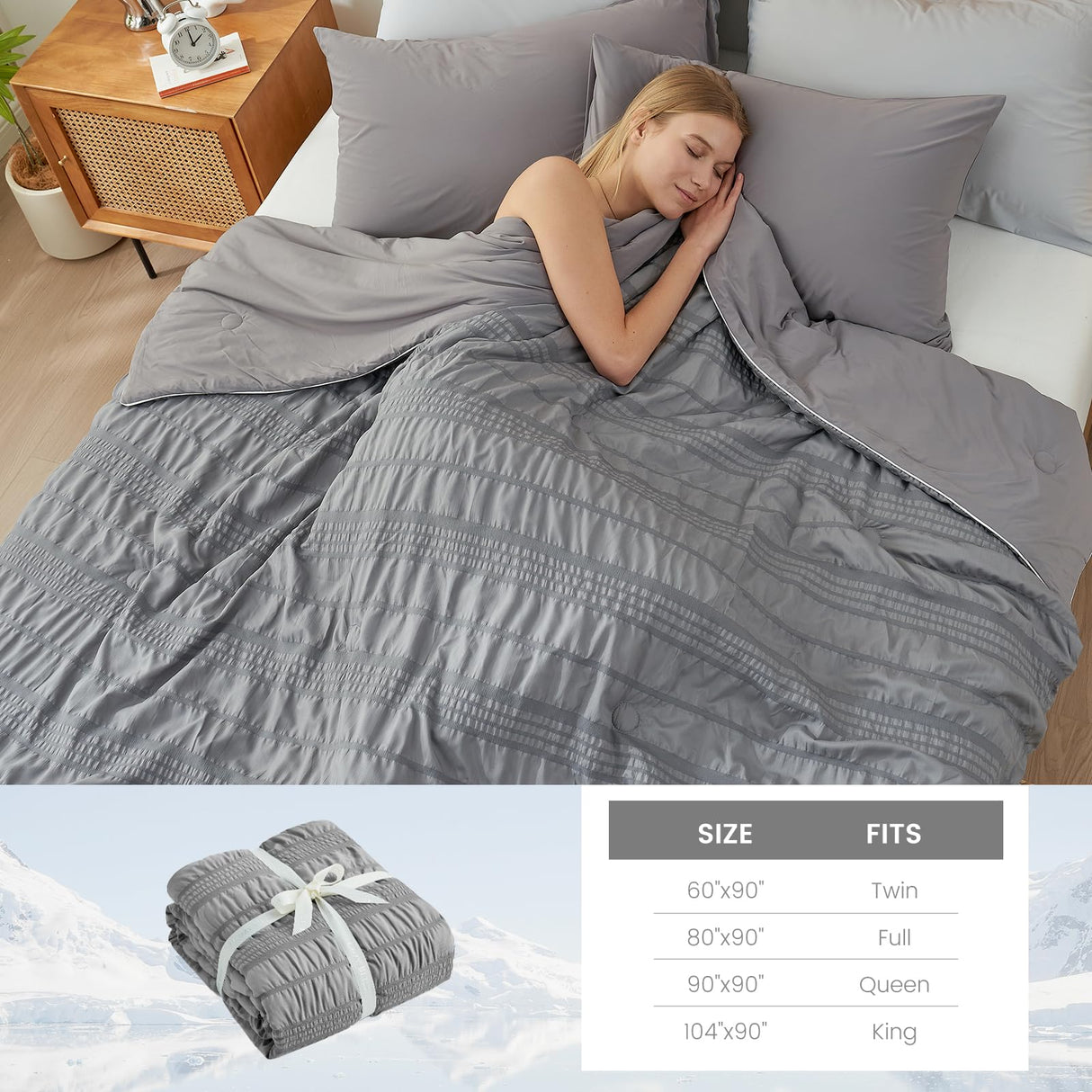 Seersucker Cooling Comforter Queen Size, Q-Max 0.4 Reversible Lightweight Cooling