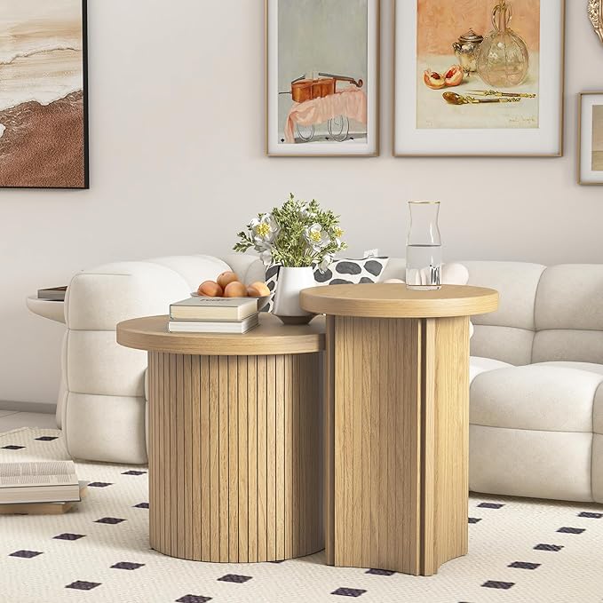 Set of 2 Nesting Coffee Tables Farmhouse,Round Coffee Tables Living Room