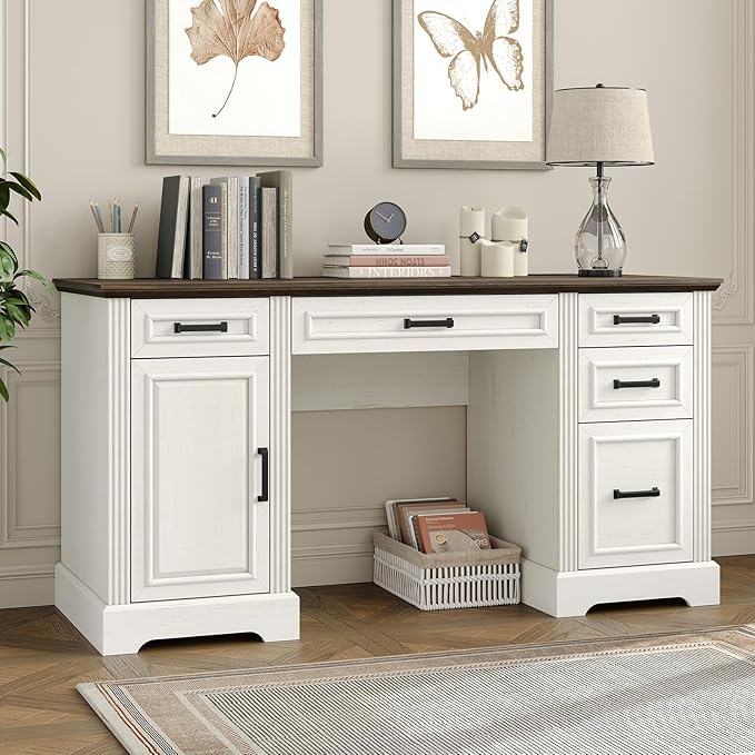 Executive Desk, Farmhouse Computer Desk with Drawers and Cabinet with Charging