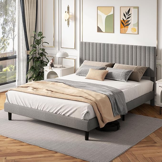 Queen Bed Frame, Platform Bed Frame with Upholstered Headboard, Linen Fabric