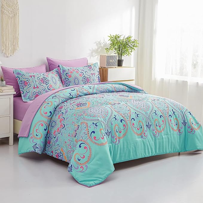 7 Piece Bed in a Bag Floral Comforter Set, Botanical Flowers Comforter and Sheet Set