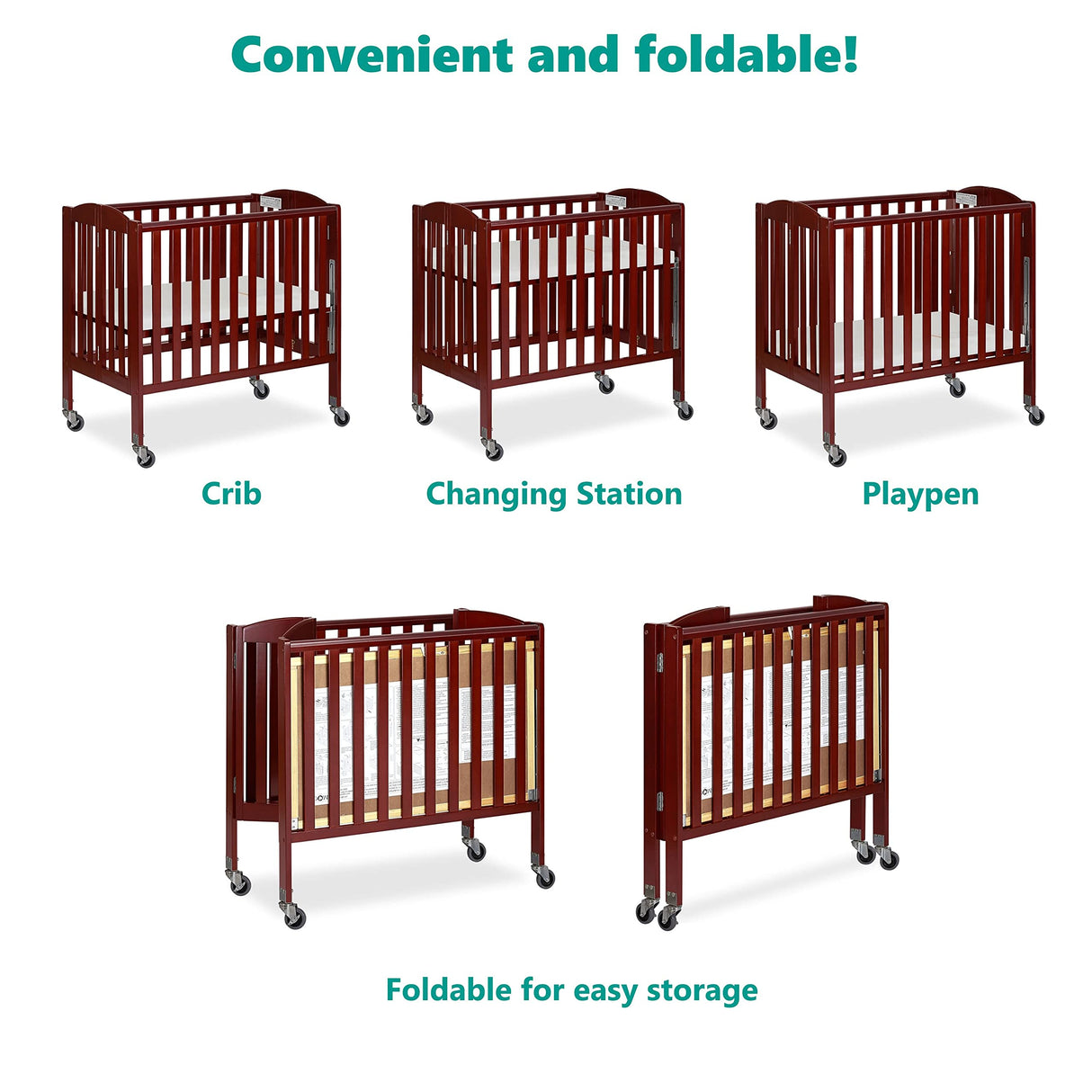 3-in-1 Folding Portable Crib, Cherry, Large