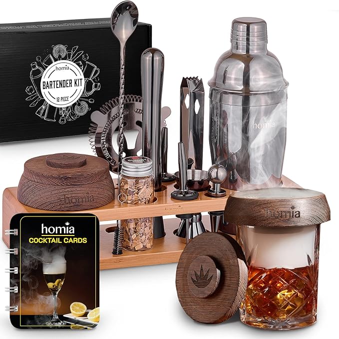 Kit with Whiskey Smoker - 13 pcs, Pine Stand - Bar Set with Cocktail Shaker