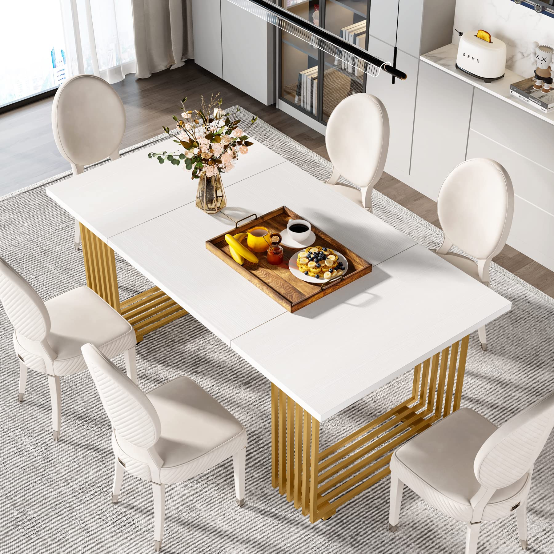 70.8" Modern Dining Table for 6-8 People - White Wood with Gold Metal Legs