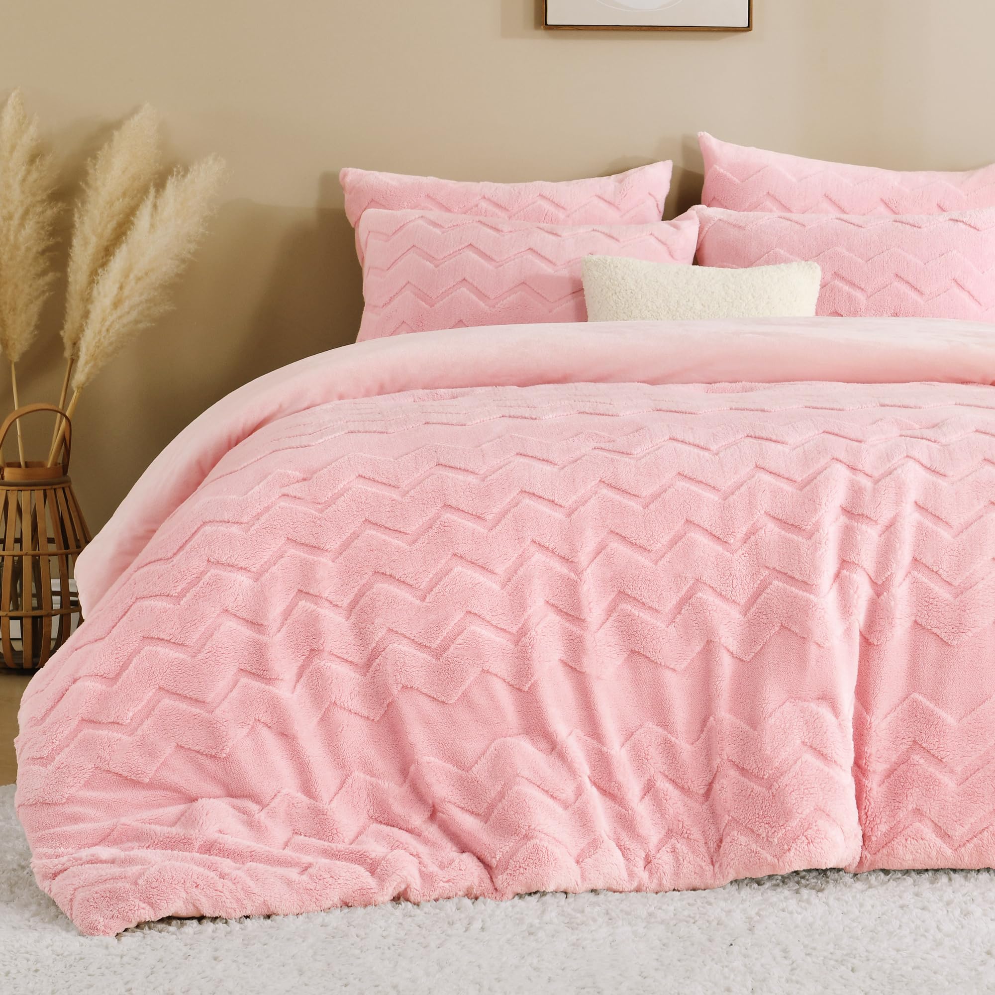 Fluffy Comforter Full Set - Soft Fuzzy Sherpa Pink Comforter for Full Size Bed