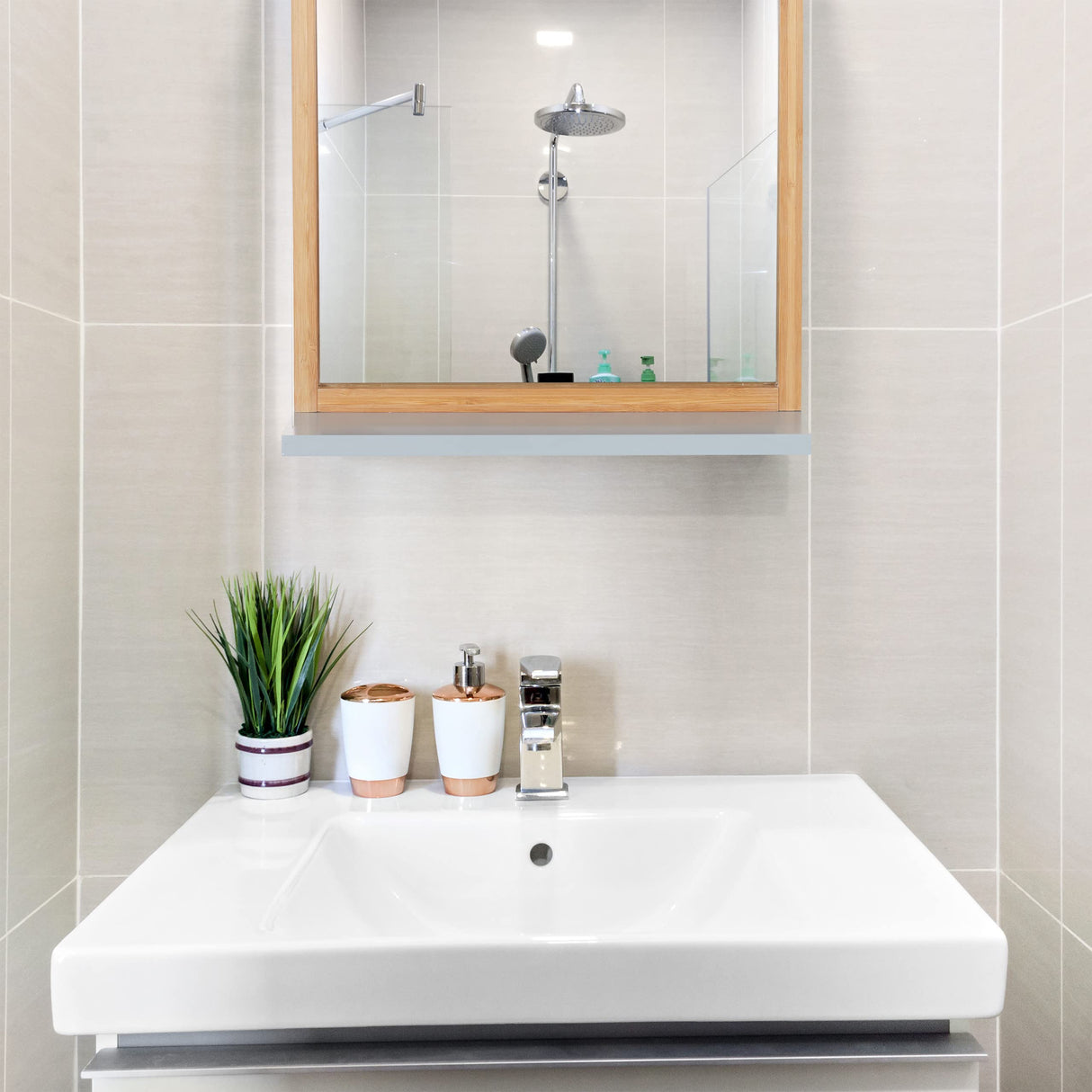 Wall-Mount Vanity Shelf, Hanging Bathroom Mirror, Bamboo & MDF