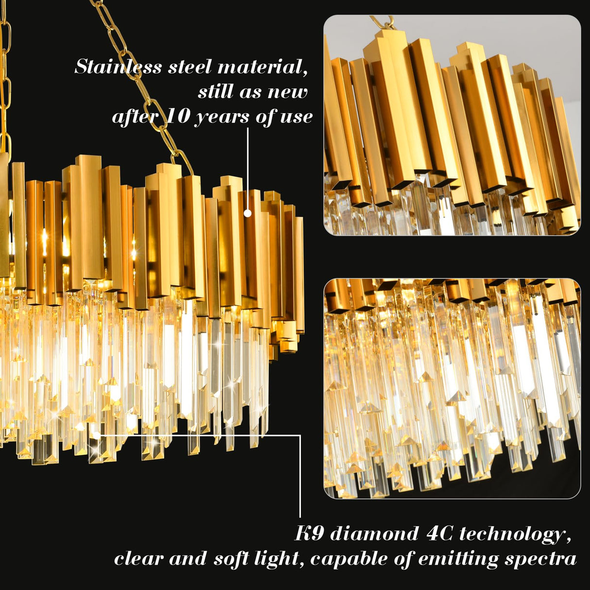 Modern Gold Crystal Chandelier Hanging Ceiling Light Fixture 12 Lights Round Crystal