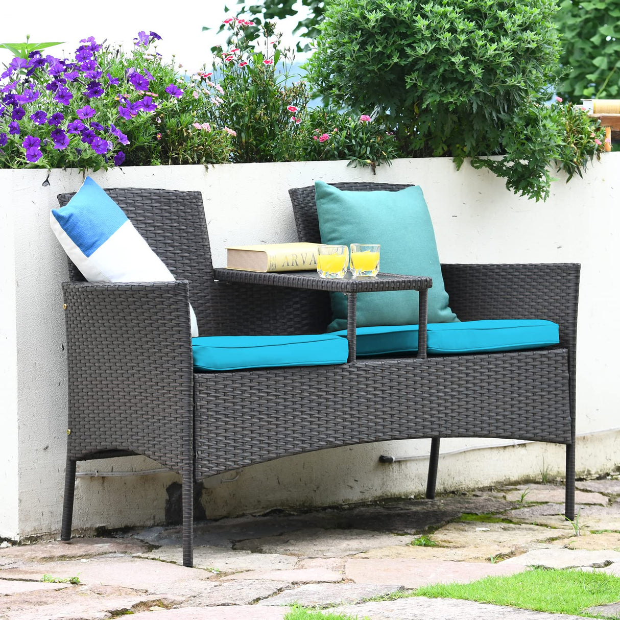 Outdoor Rattan Loveseat, Patio Conversation Set with Cushions & Table