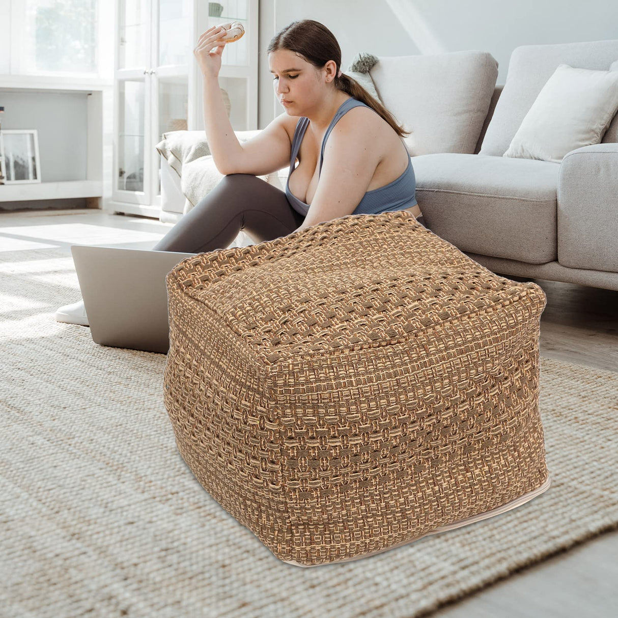 Pouf Ottoman Square Pouf Cover, Khaki, Cotton, Linen