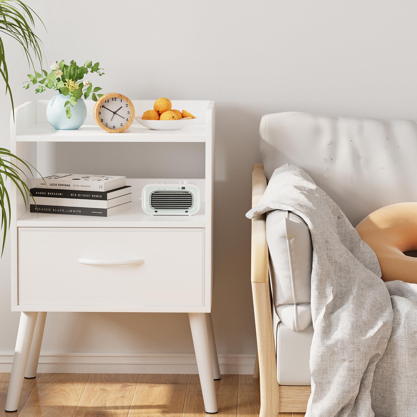 White Nightstand with Open Shelf,Small Night Stand