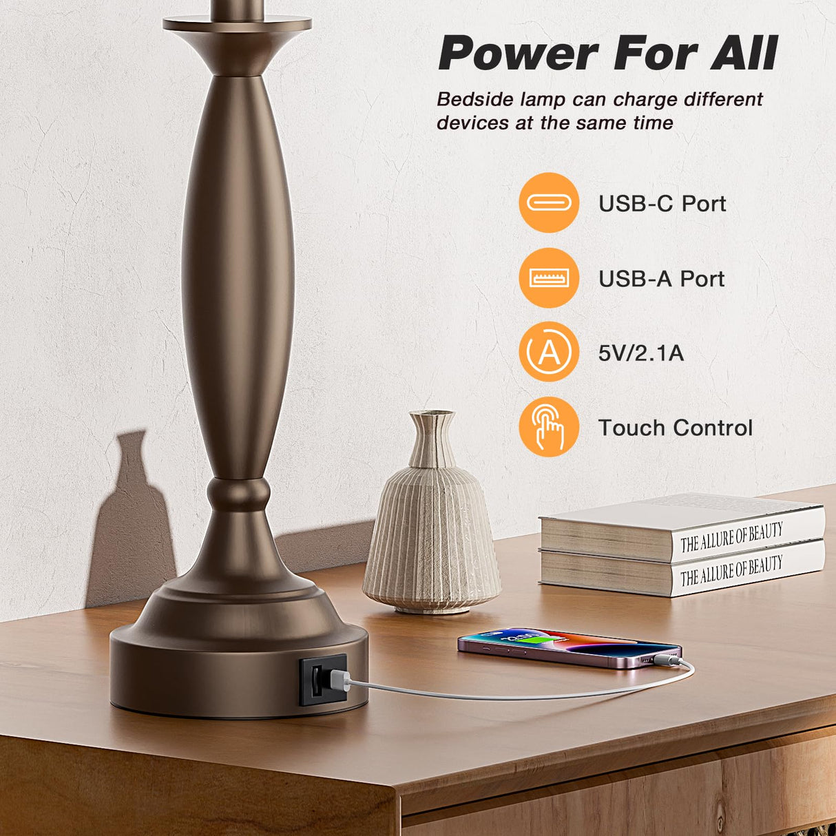 Beige Brown Lamps for Bedrooms Set of 2 - Touch Control Bedside Lamp with USB C+A,