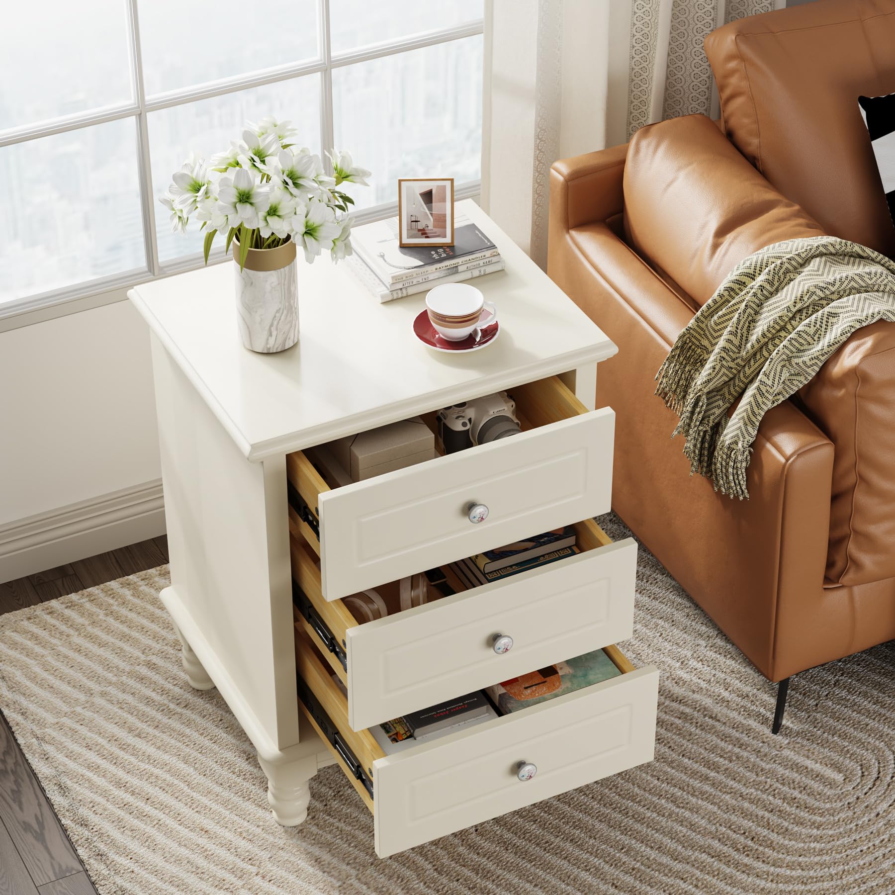 3-Drawer Nightstand, White Night Table for Bedroom, All-Wood Bedside Table