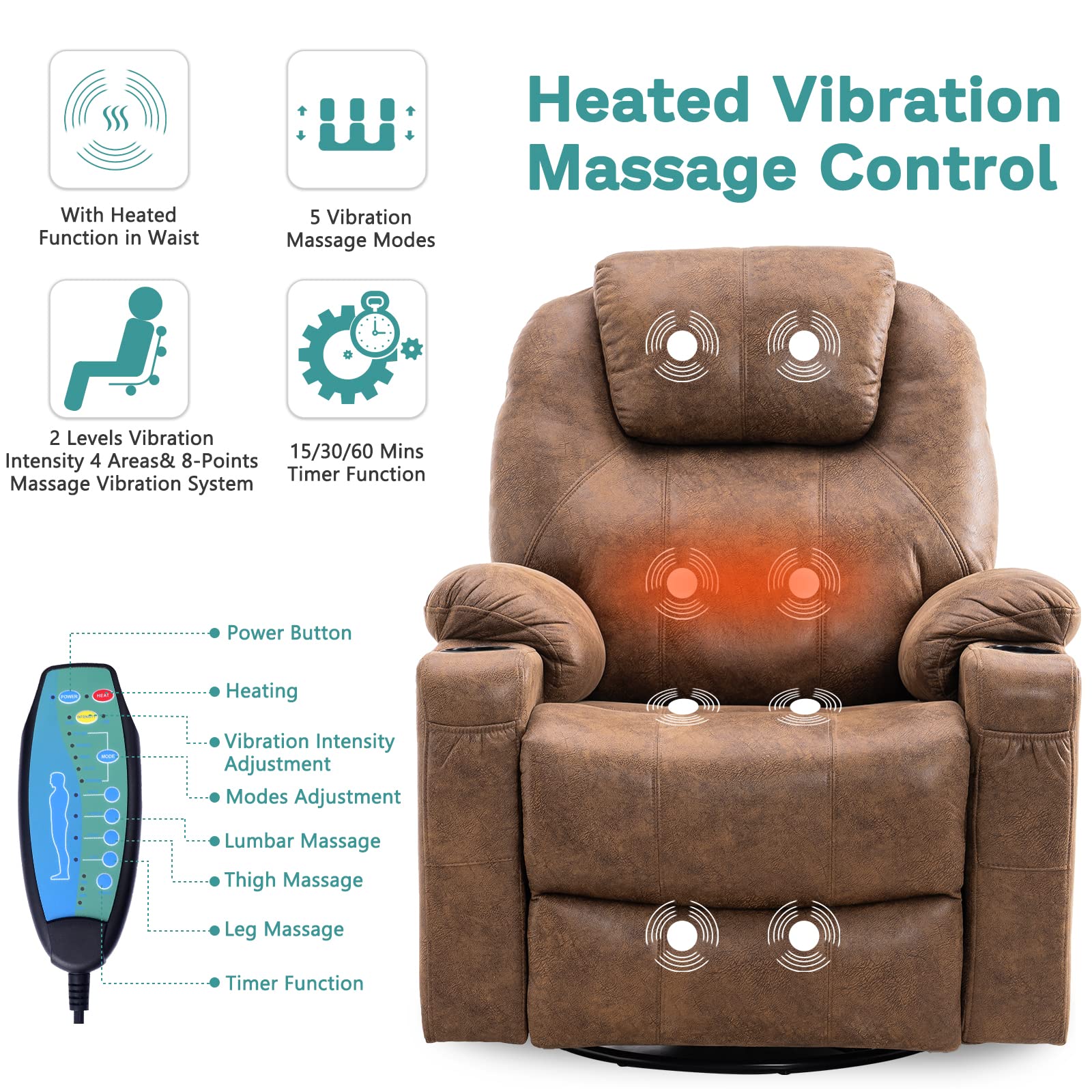 MeetWarm Swivel Massage Recliner – Bronzing Suede, Heat, USB, Cup Holders