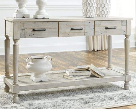 Shawnalore Farmhouse Solid Pine Wood Sofa Console Table, Whitewash