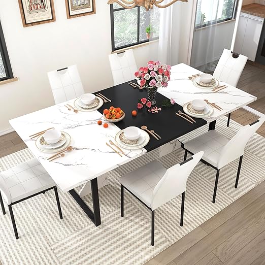 7-Piece Dining Table Set - 71" Wooden Kitchen Table with 6 Chairs
