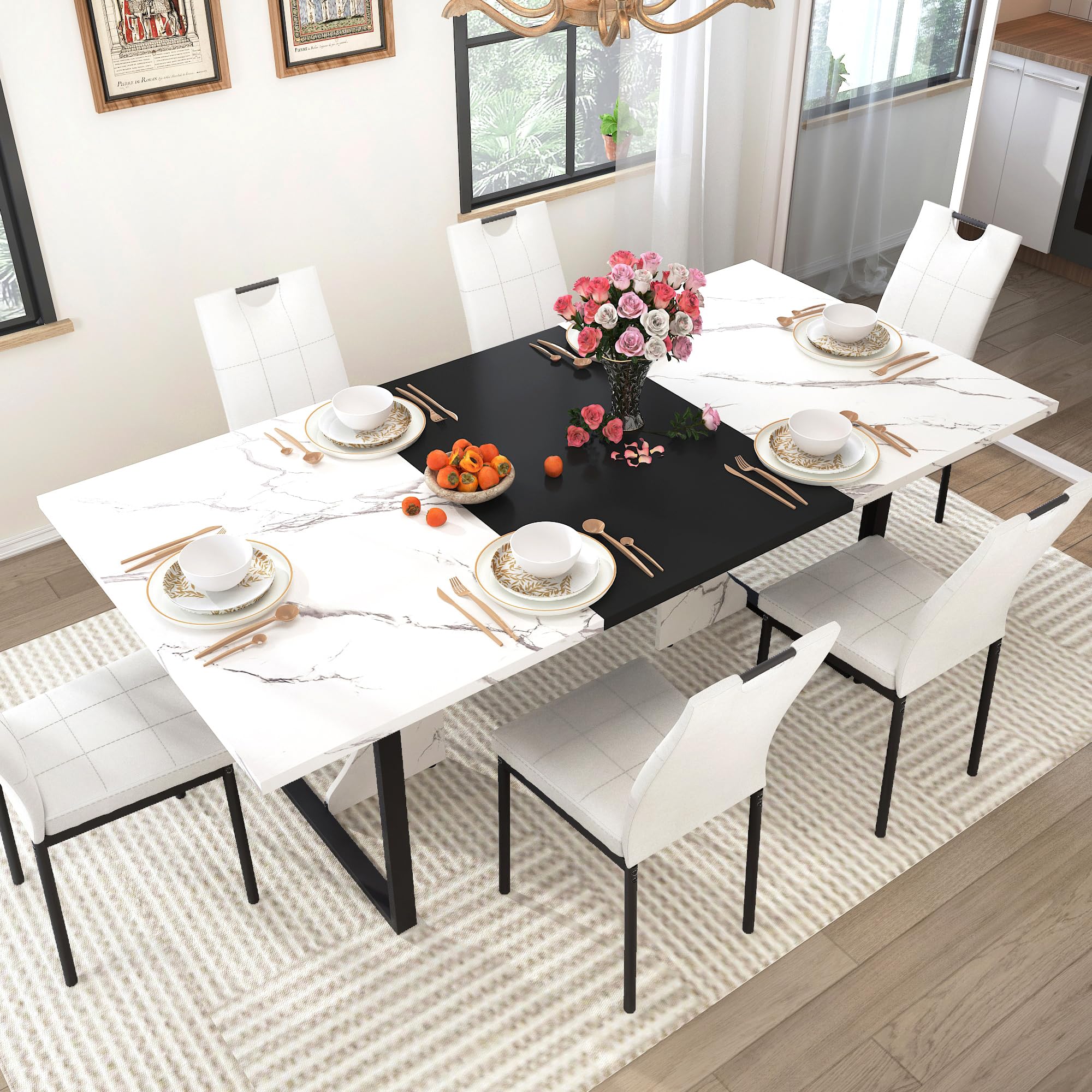 7-Piece Dining Table Set with 6 Chairs - 71" Wooden Kitchen Table