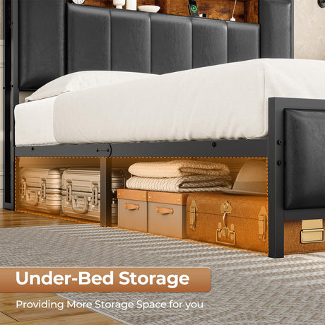 Full Size Bed Frame with Storage Headboard and Charging Station, Upholstered Led Bed