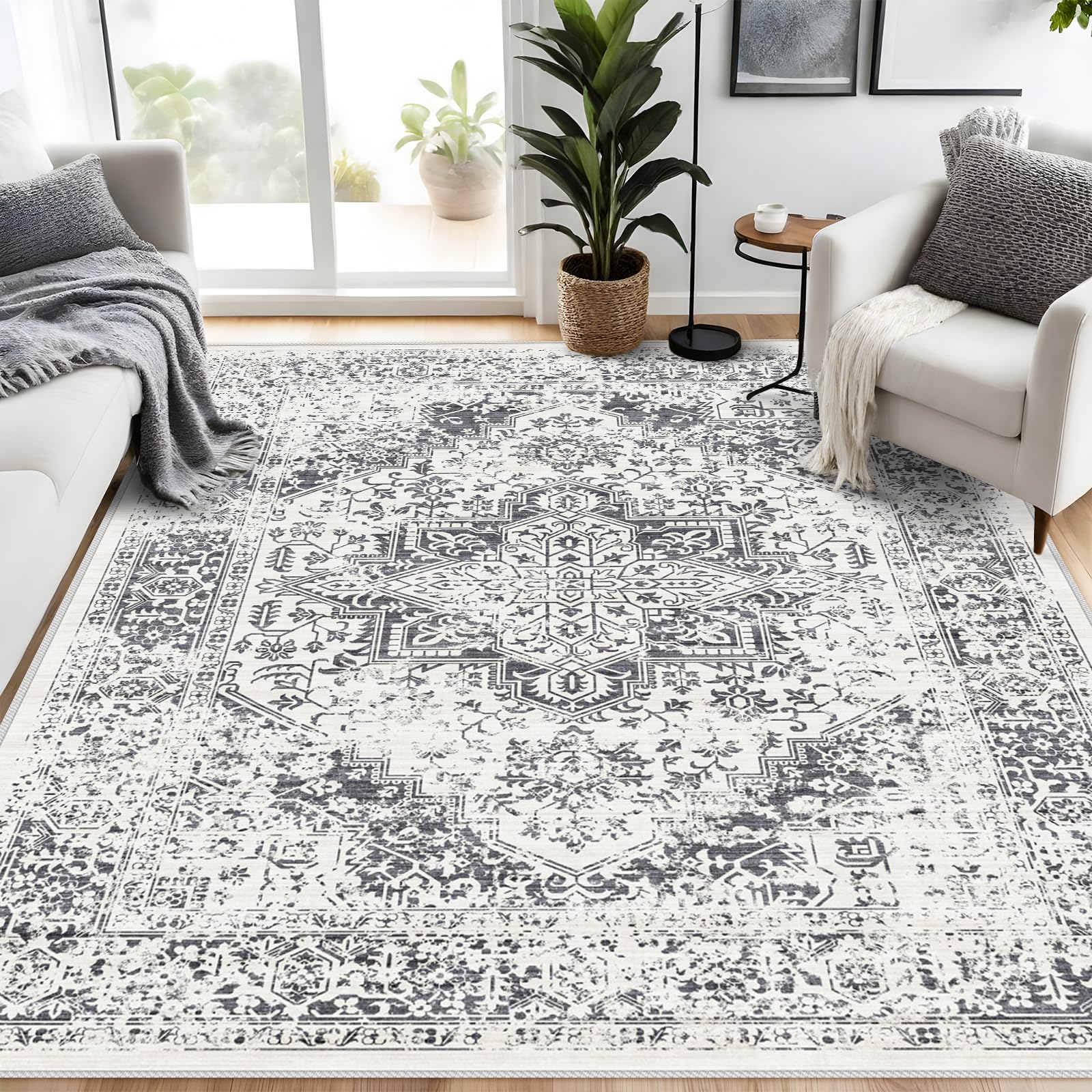 Retro 8x10 Area Rug - Vintage Washable Rug for Living Room with Non-Slip