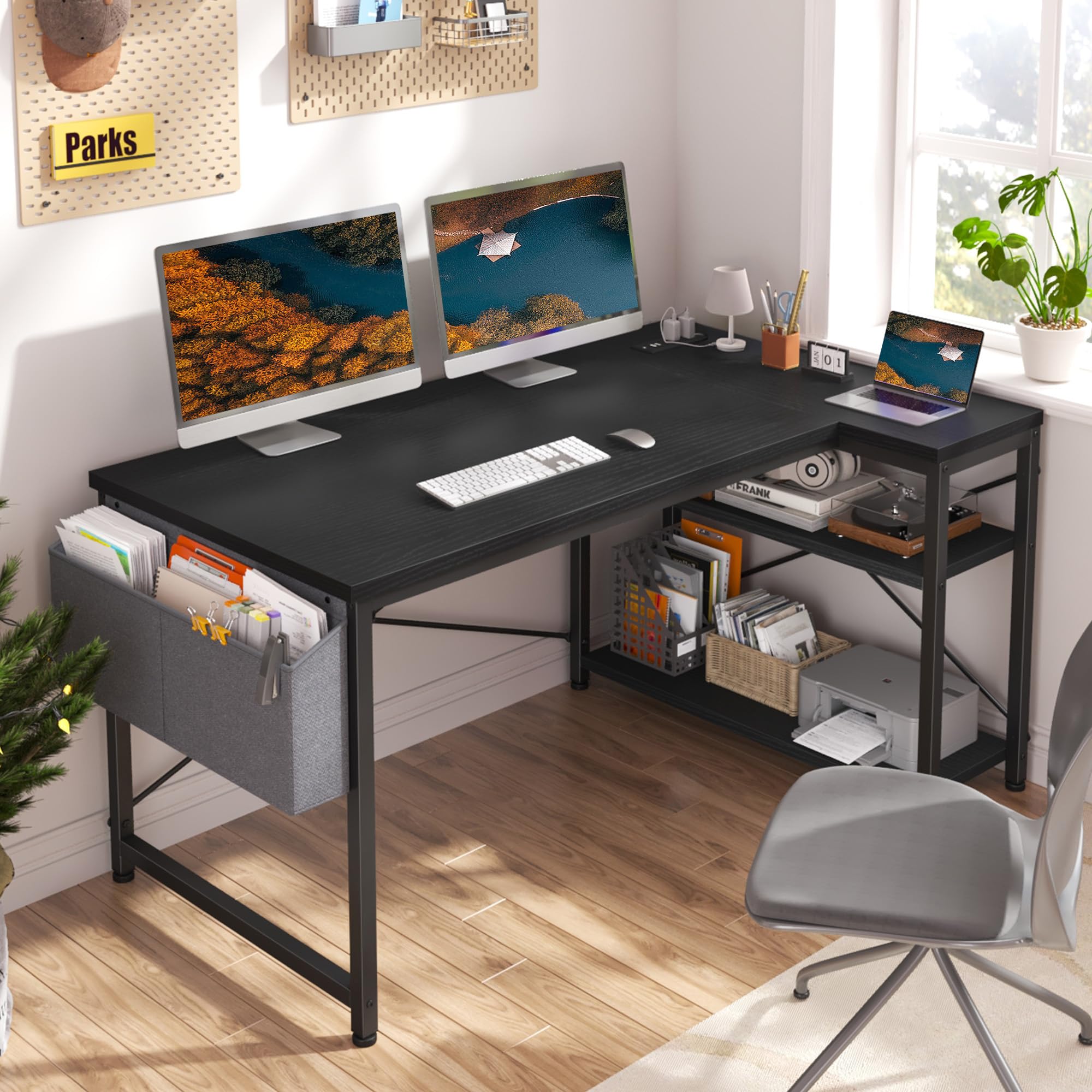 47" Computer Desk with Power Outlets,L Shaped Desk with Storage Shelves