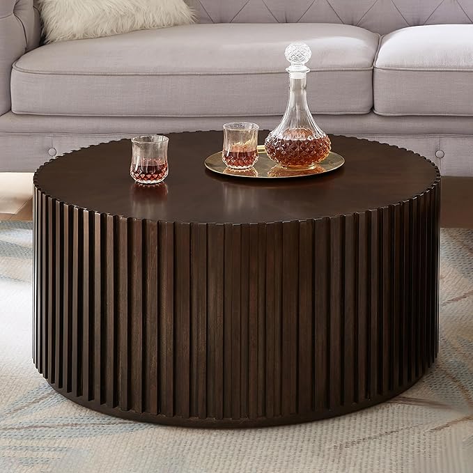 35" Round Wood Coffee Table for Living Room, Farmhouse Circle Bucket Shaped
