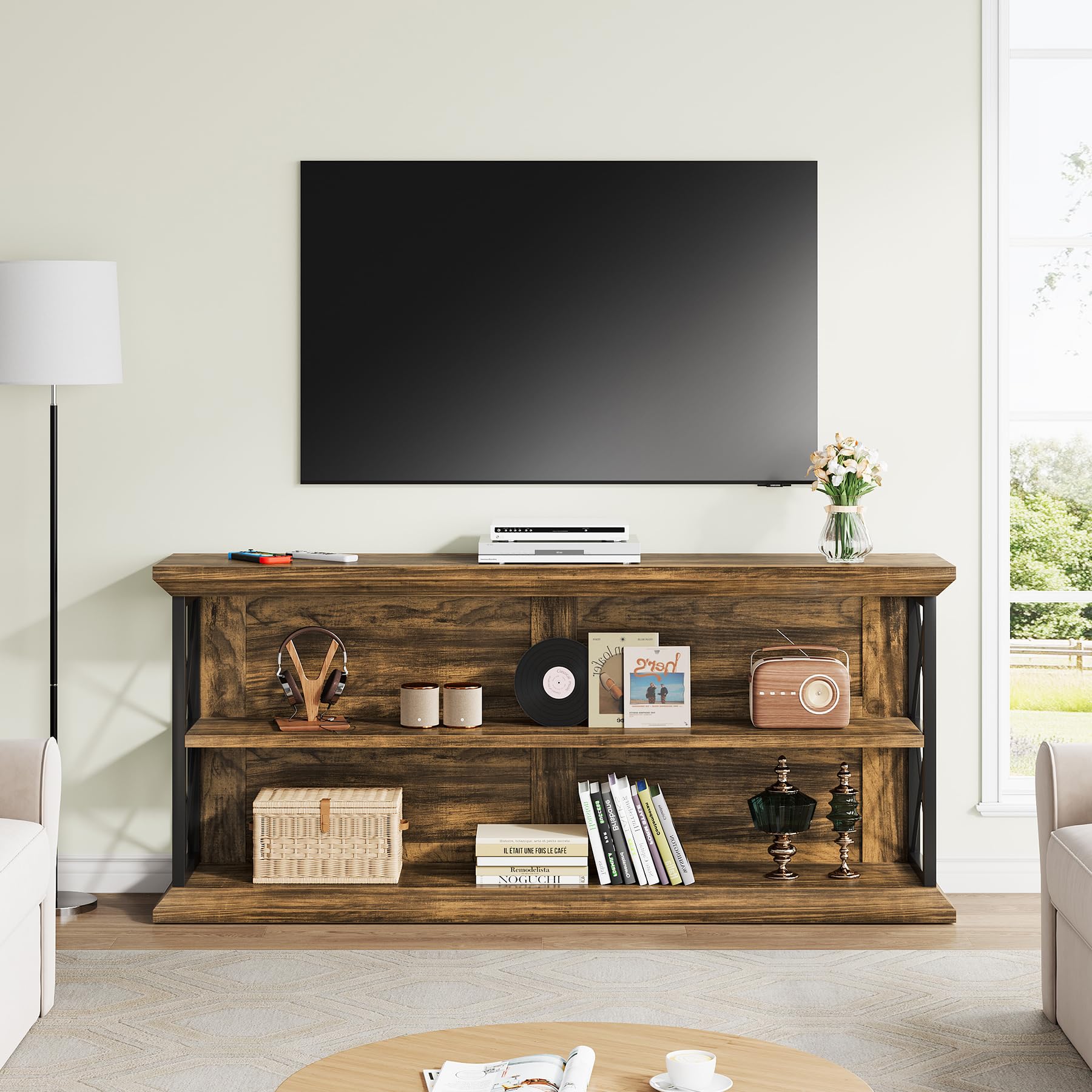 63-Inch 3-Tier Console Table with Storage - Brown Wood Entryway Sofa Table