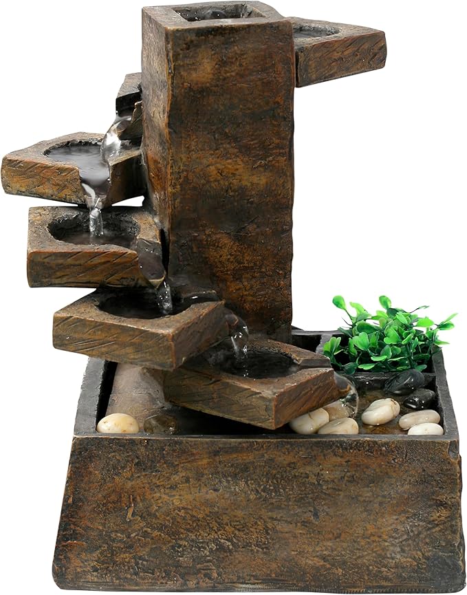 WIN1138 13" Indoor Tabletop Tiering Bowls Water Fountain with LED Lights – Cascading Water Feature for Home