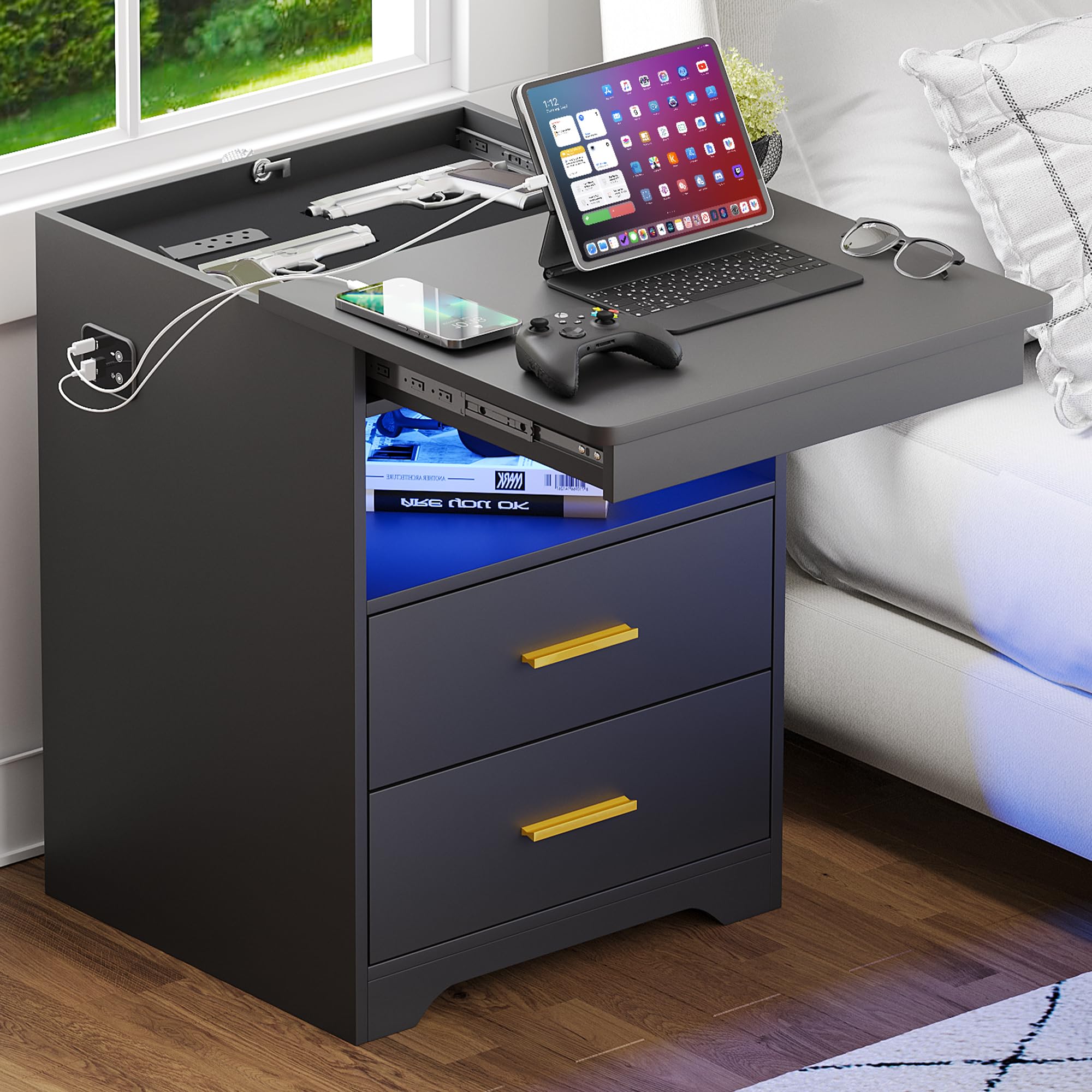 LED Nightstand with Lockable Gun Drawer,End Table with Charging Station,Bedside