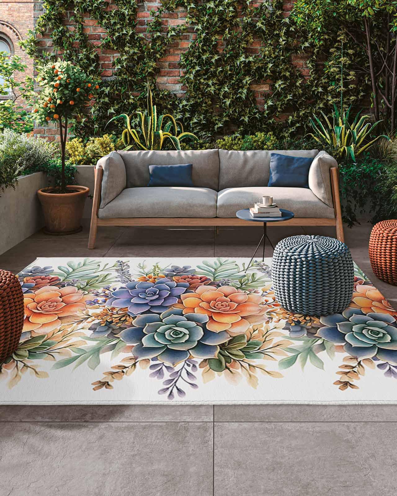 Outdoor Rug 6x9 ft Watercolor Succulent Outdoor Large Area Rug Non Slip Rubber Colorful