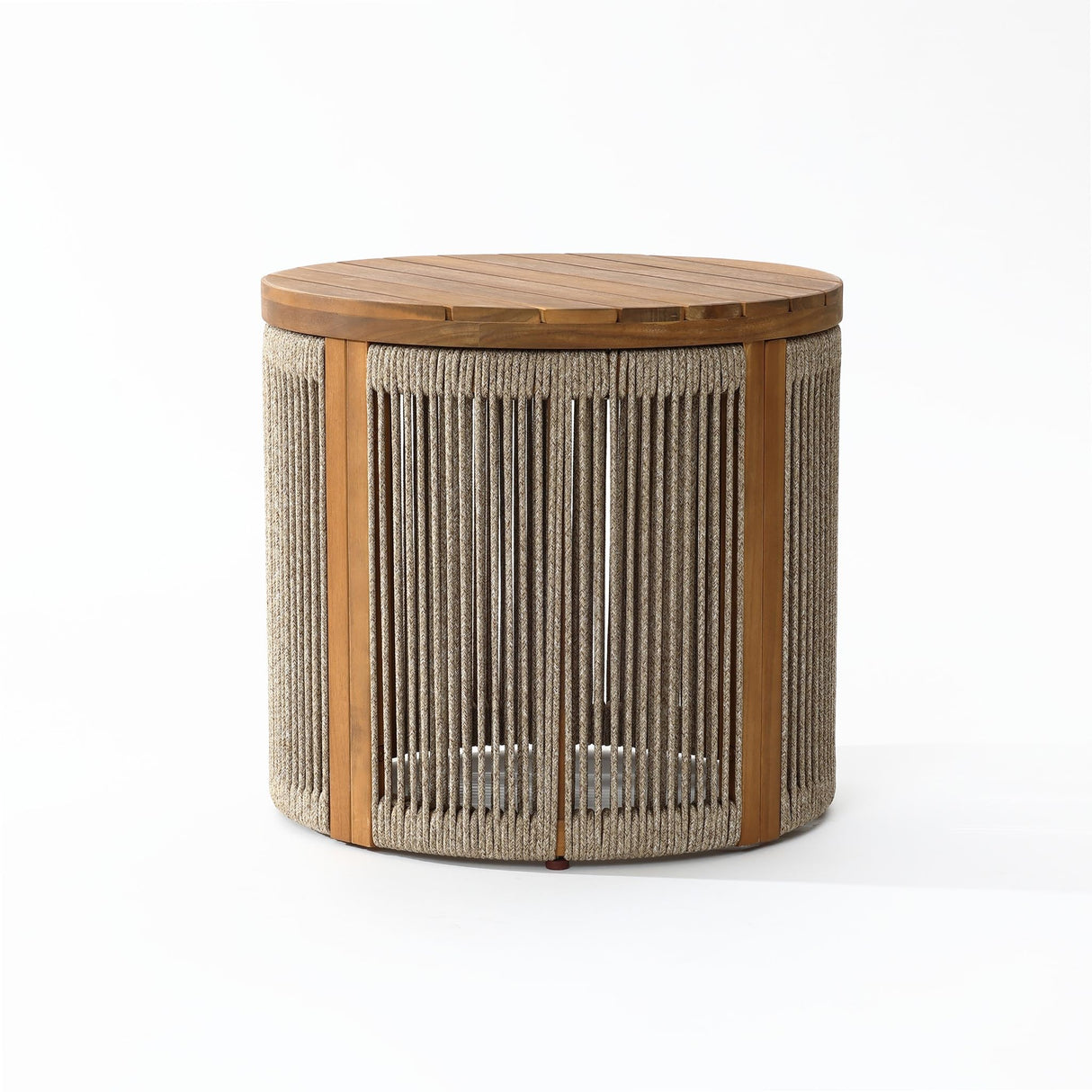 LuxenHome Outdoor Side Table, 17'' Tall Rope Acacia Wood Outdoor End Tables for Patio, Garden Accent Table, Modern Round Side Table for Outside, Wooden Drum Table Indoor and Outdoor - Bircata