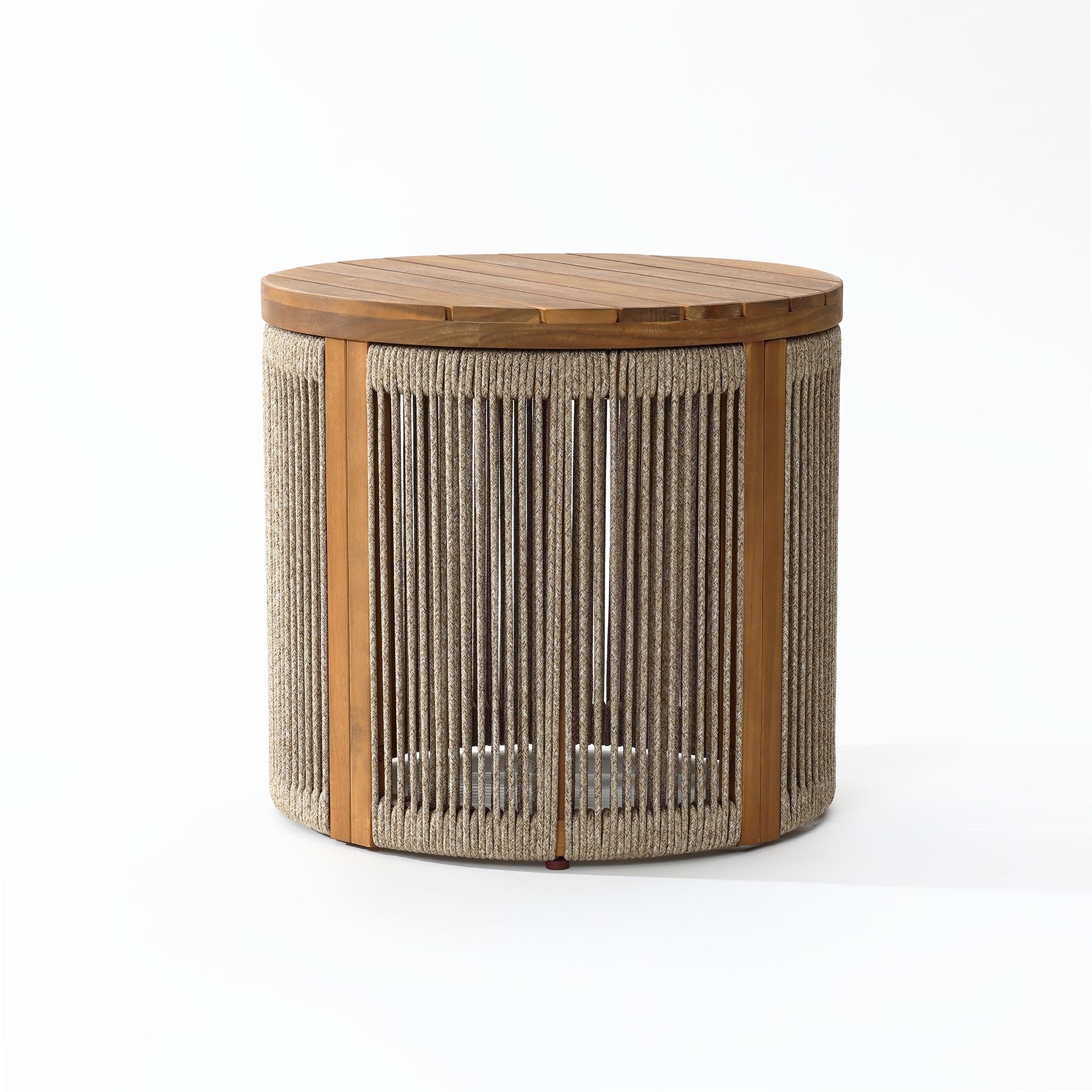 LuxenHome Outdoor Side Table, 17'' Tall Rope Acacia Wood Outdoor End Tables for Patio, Garden Accent Table, Modern Round Side Table for Outside, Wooden Drum Table Indoor and Outdoor - Bircata