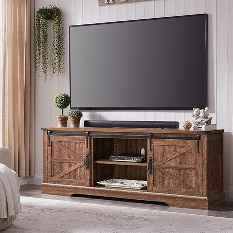 Farmhouse TV Stand for 75 Inch TV, Rustic Entertainment Center w/Sliding Barn Door