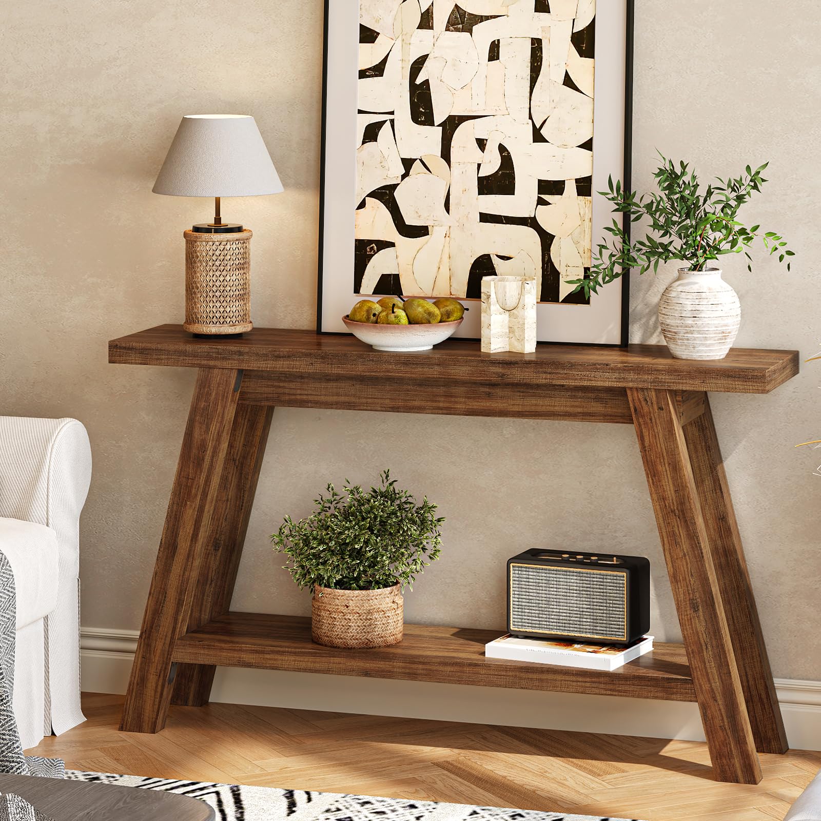 55-Inch Console Table with Storage - 2-Tier Narrow Wood Entryway Table