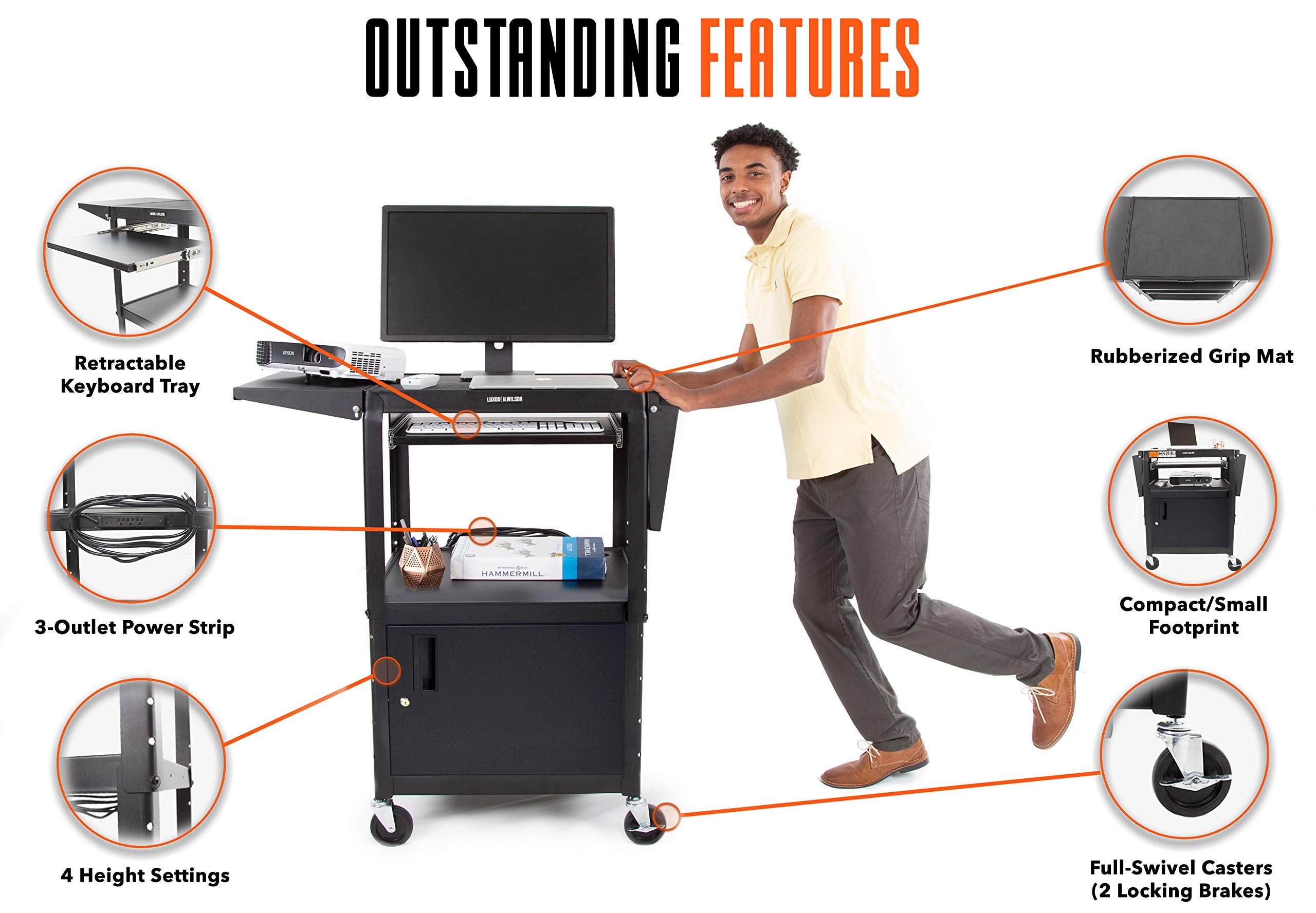 Line Leader Rolling AV Cart with Locking Cabinet, Laptop Stand, and Drop Leaves,
