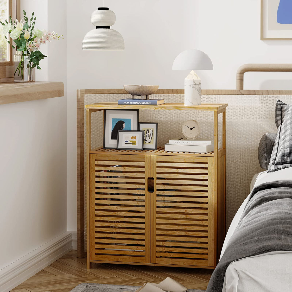 Bathroom Floor Cabinet, Bamboo Storage Cabinet with Doors and Open Shelves