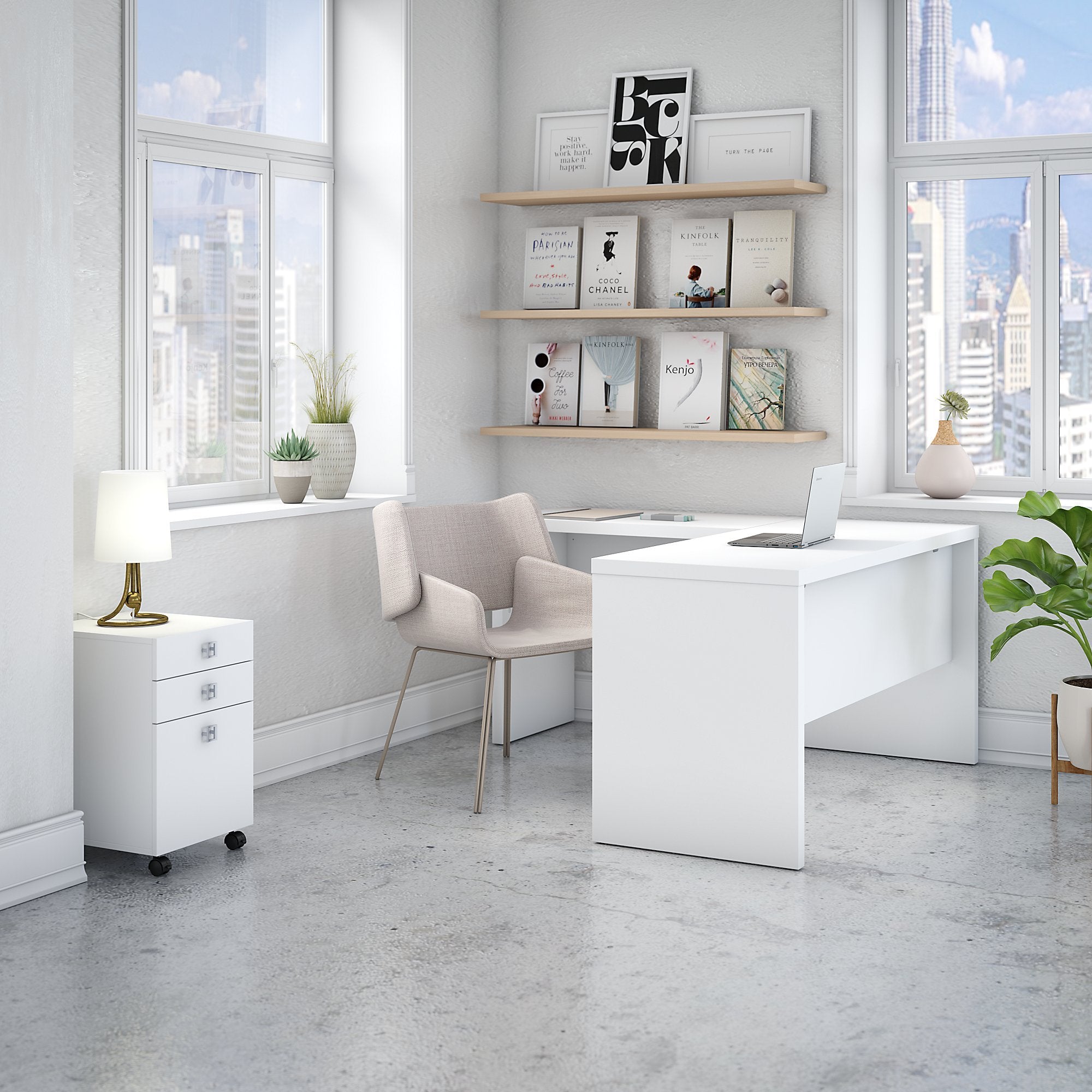 Business Furniture Echo L Shaped Desk with Mobile File Cabinet in Pure White