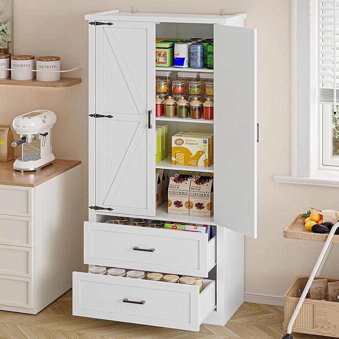 Pantry Organizers and Storage Cabinet, 70” Barn Door White Kitchen Cabinet with Drawers and Adjustable Shelf, Tall Pantry Cabinet for Kitchen, Dining Room, Living Room Bedroom (Single Drawer)