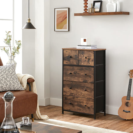 Drawer Dresser, Storage Dresser Tower with 5 Fabric Drawers, Wooden Front and Top