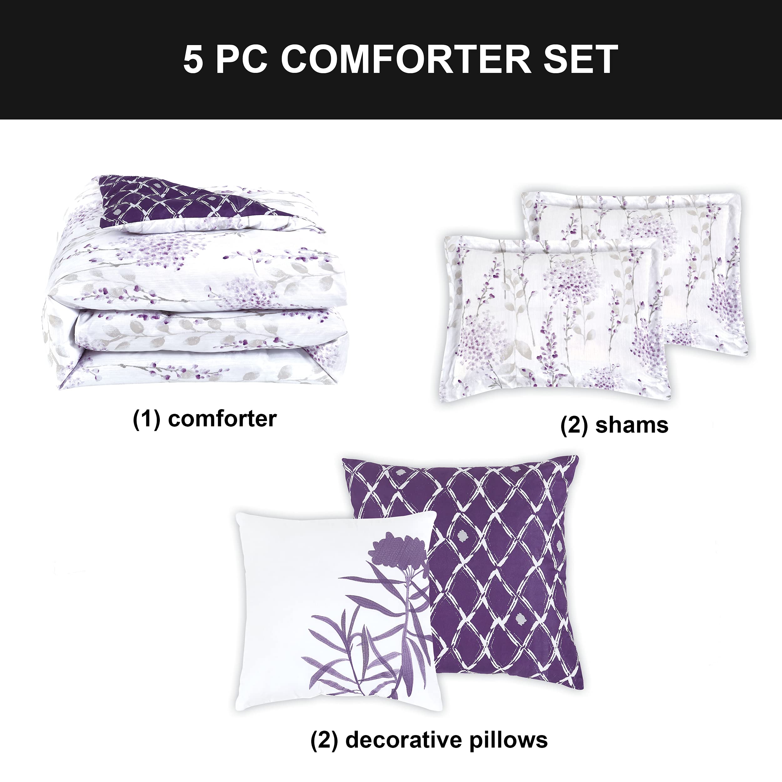 Fresh Meadow 5-Piece King Comforter Set - Lilac Floral Reversible Bedding