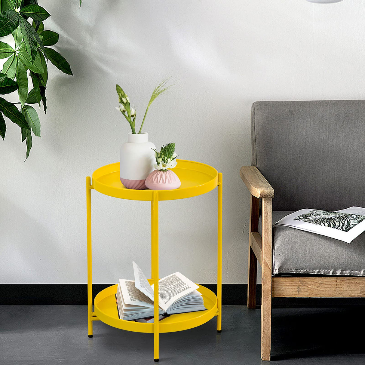 End Table 2-Tier Metal Round Side Table with Removable Tray for Living Room (Yellow)