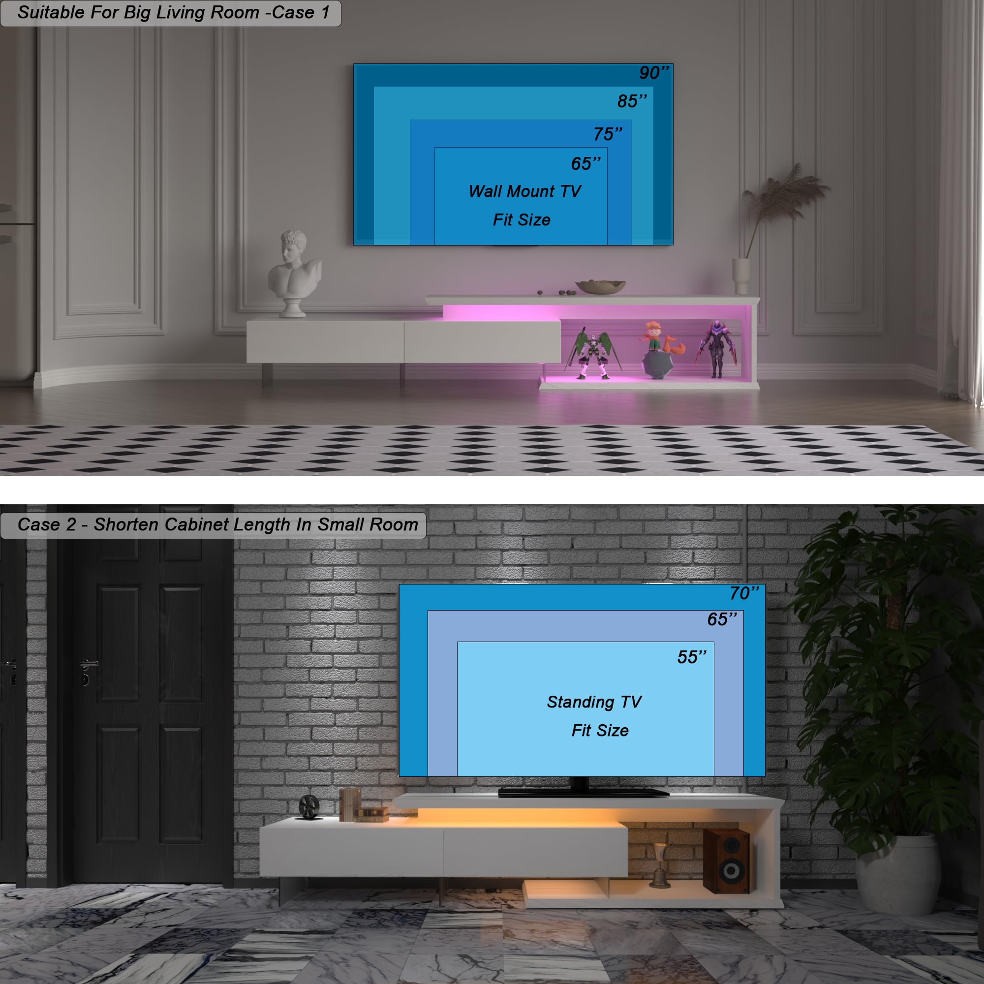 TV Console Extendable LED TV Stand with Remote Control & Storage Cabinets, Changing