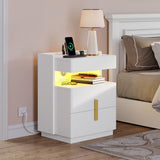 Nightstand with Charging Station & LED Lights, Night Stands with 2 Drawers for Bedroom