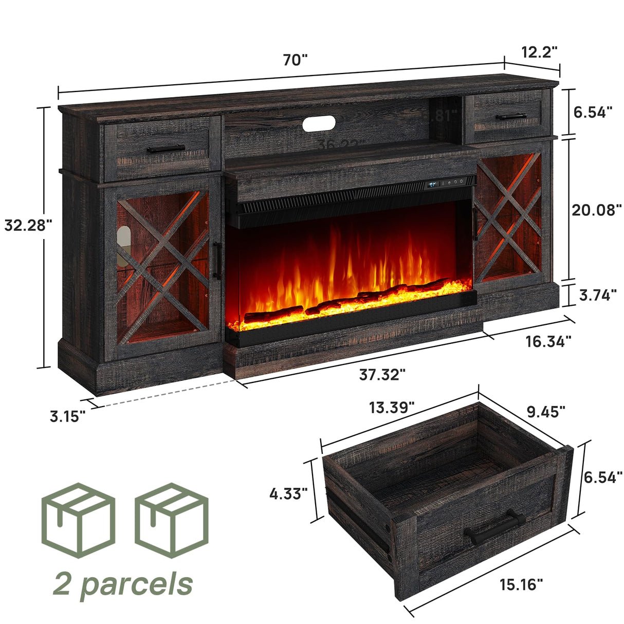 70" LED Fireplace TV Stand with Glass Doors - Black