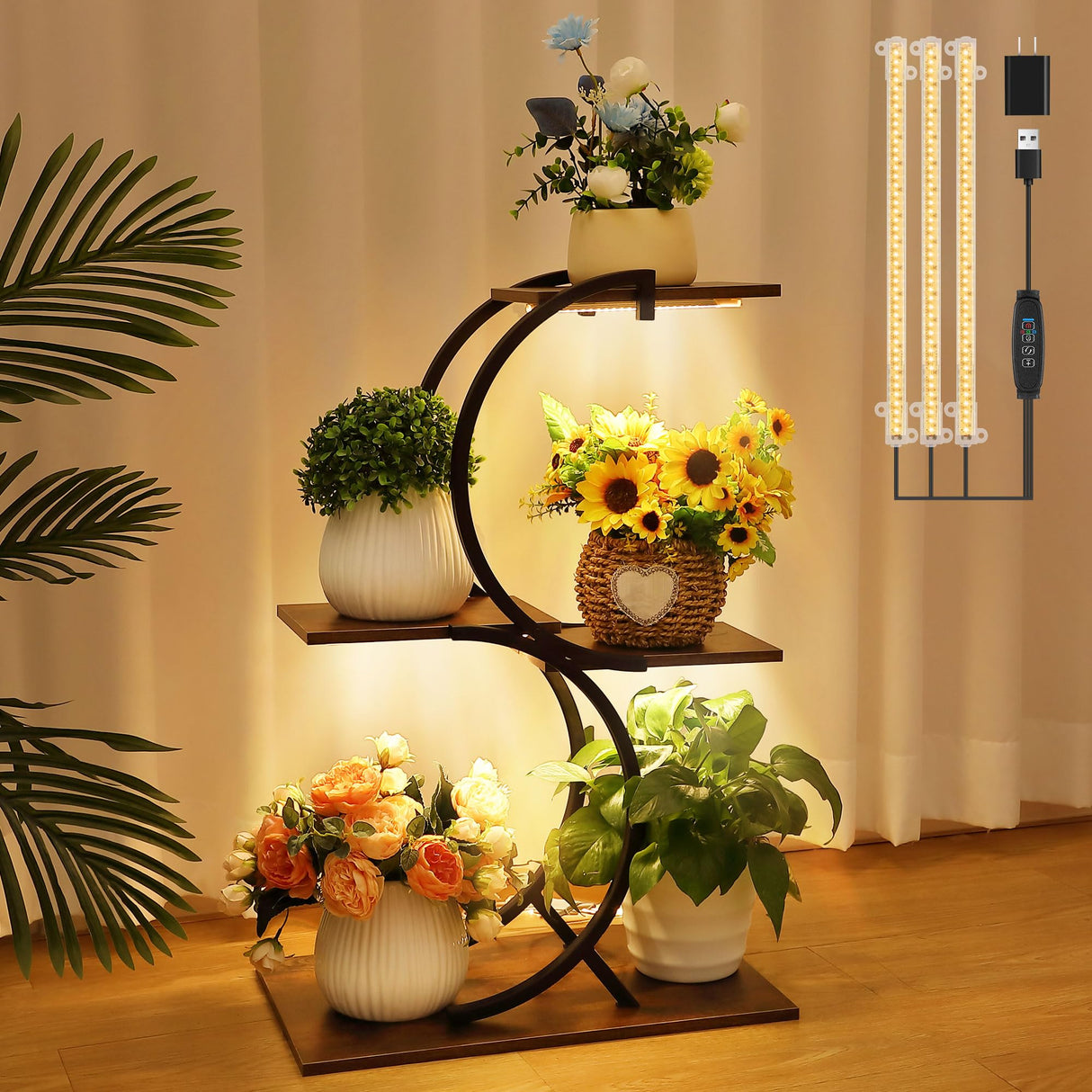 Plant Stand with Grow Light, 3 Tiered Plant Shelf with Grow Light, S Shaped Plant Stand